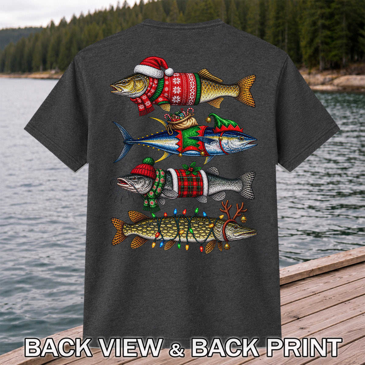 Christmas Fish in Festive Sweaters Fishing Graphic T-Shirt | Back Print