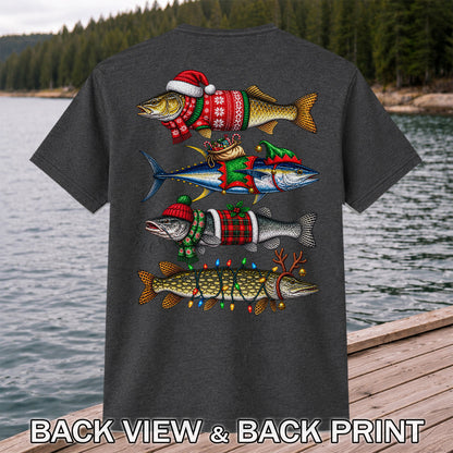 Christmas Fish in Festive Sweaters Fishing Graphic T-Shirt | Back Print