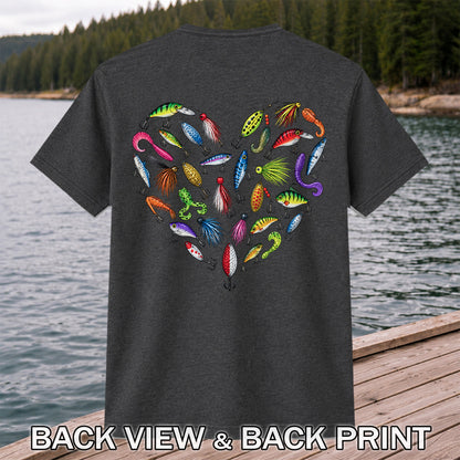 Colorful Fishing Lures in a Heart Shape Graphic T-Shirt | Back Print