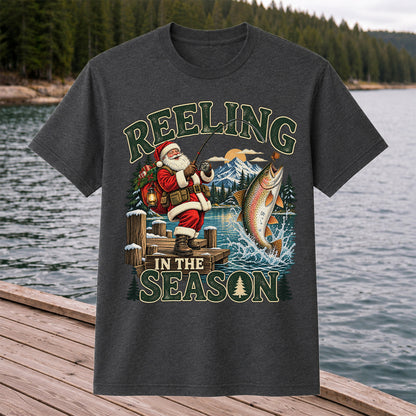Reeling in the Season Santa Fishing for Rainbow Trout Christmas T-Shirt