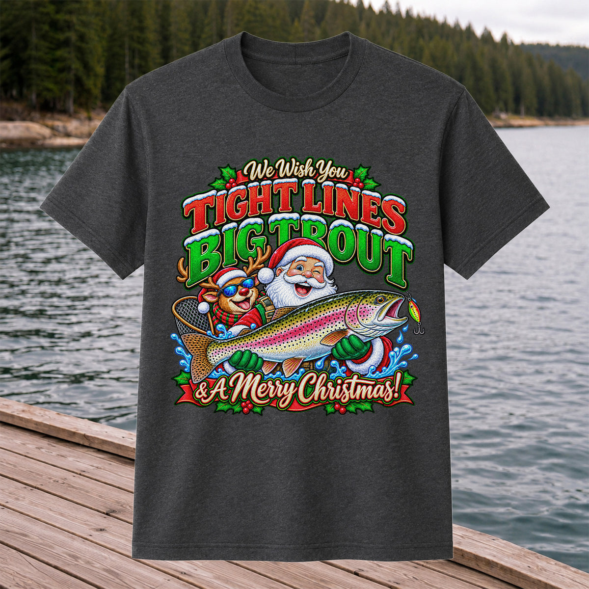 We Wish You Tight Lines Big Trout & a Merry Christmas Santa and Reindeer Fishing T-Shirt