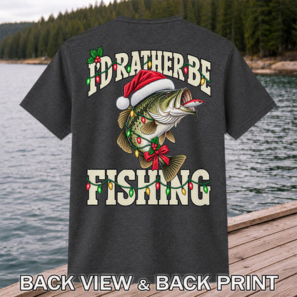 Santa Hat Bass Christmas Fishing Graphic T-Shirt | Back Print