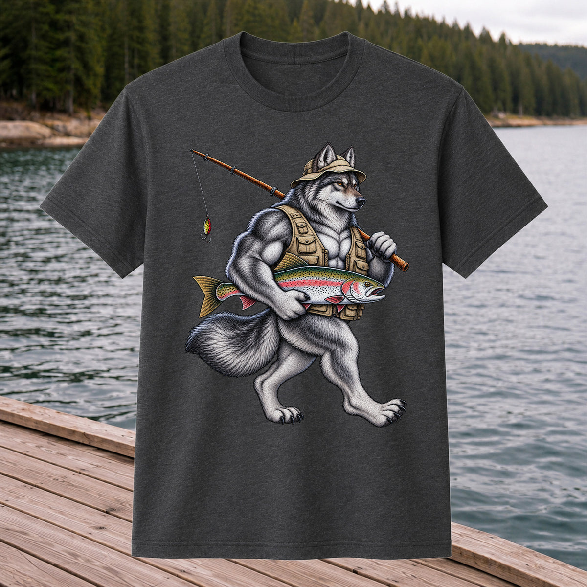 Wolf Angler Holding Rainbow Trout Fishing Graphic T-Shirt
