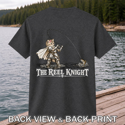 The Reel Knight Cat in Armor Funny Fishing Graphic T-Shirt | Back Print