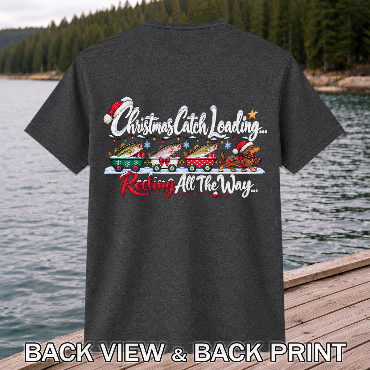Christmas Fishing Train with Trout and Dog Graphic T-Shirt | Back Print