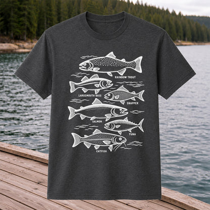 Rainbow Trout, Largemouth Bass, Snapper, Salmon, Tuna and Catfish Fishing Graphic T-Shirt