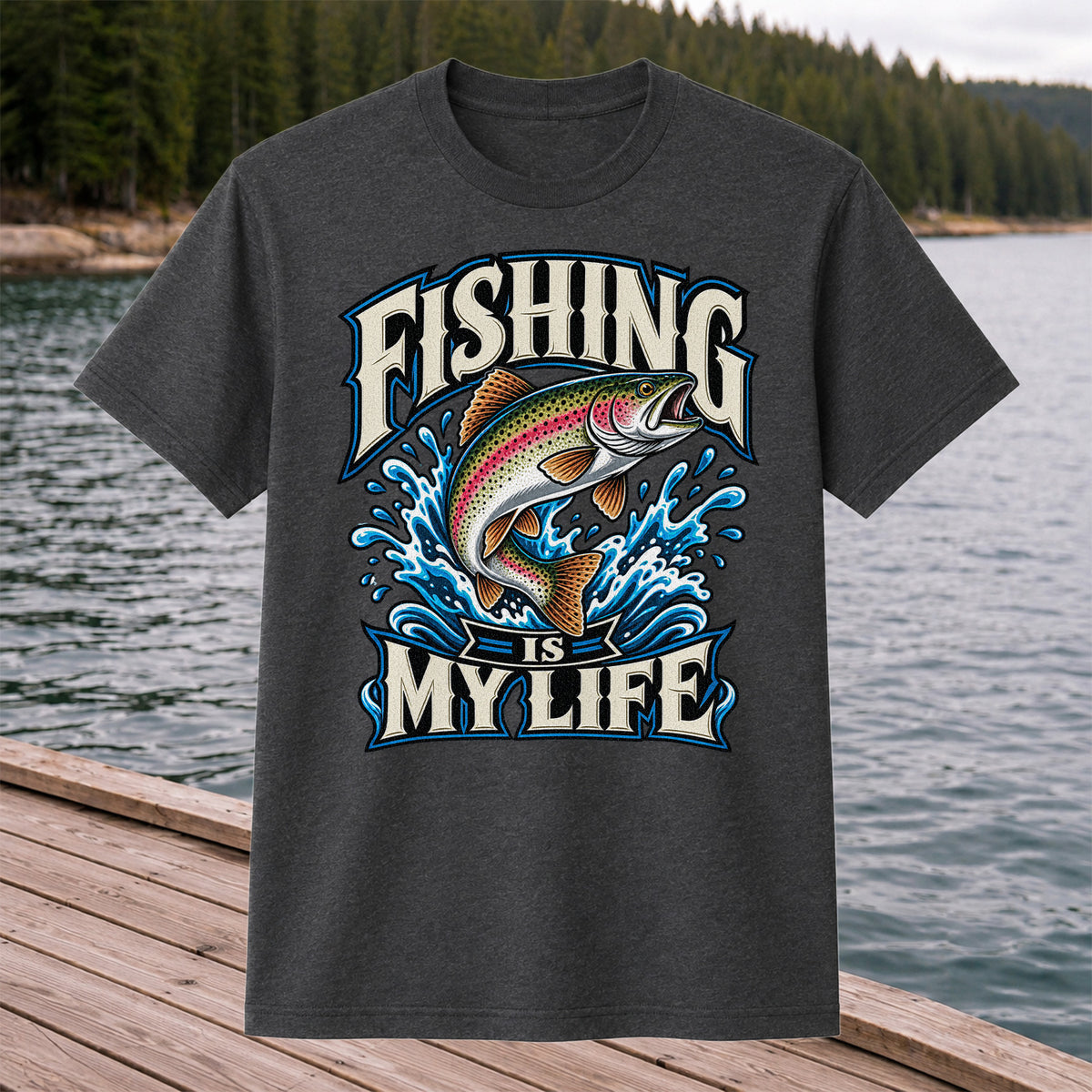 Fishing Is My Life Jumping Rainbow Trout Graphic T-Shirt