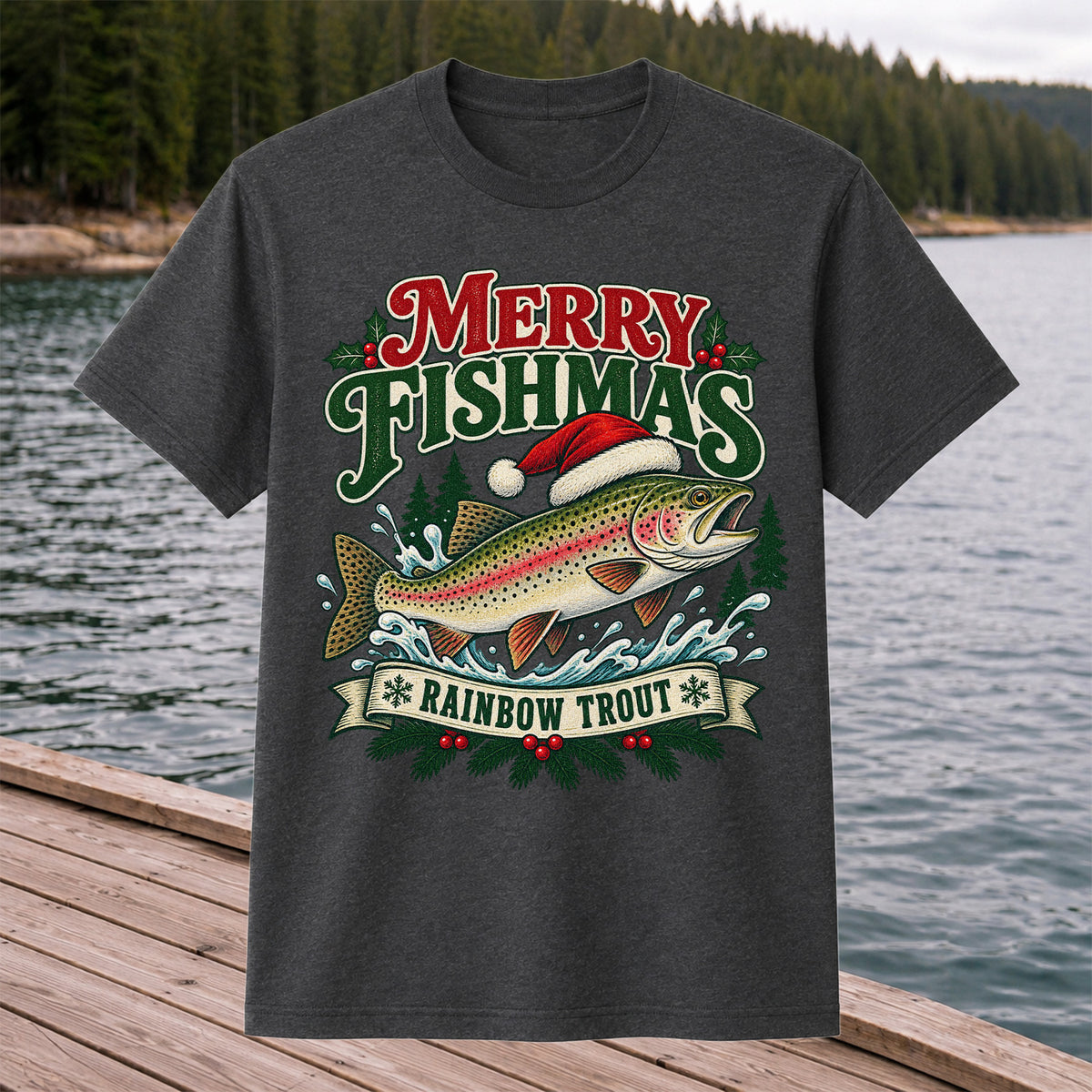Merry Fishmas Rainbow Trout in Santa Hat Christmas Fishing T-Shirt