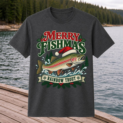 Merry Fishmas Rainbow Trout in Santa Hat Christmas Fishing T-Shirt