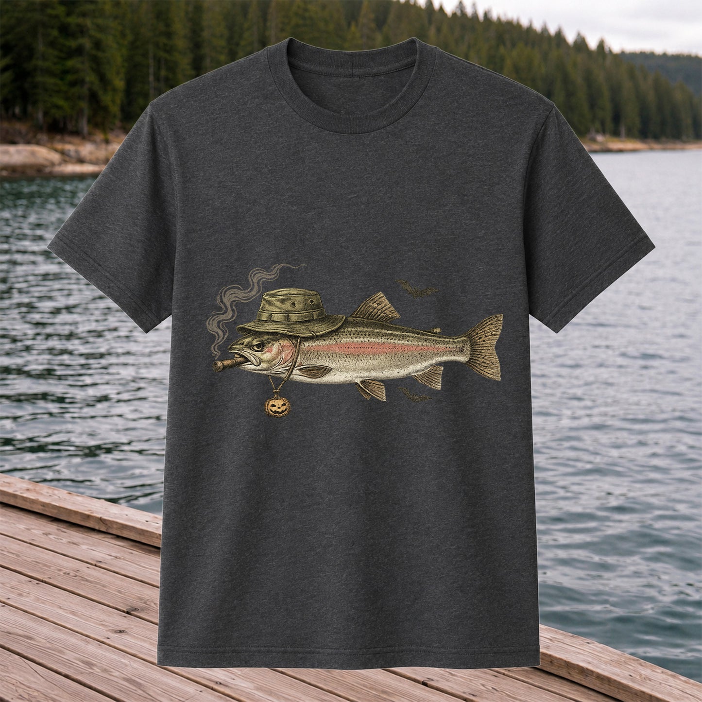 Halloween Trout in Fishing Hat with Pumpkin Charm Graphic T-Shirt
