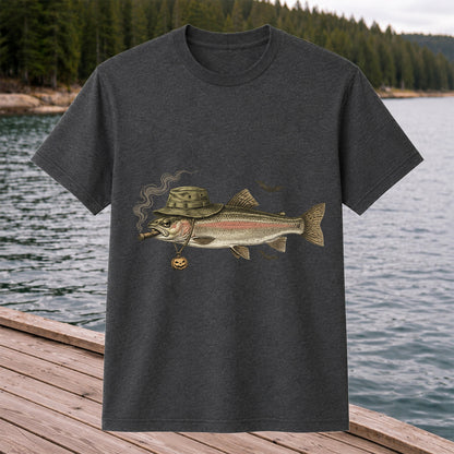Halloween Trout in Fishing Hat with Pumpkin Charm Graphic T-Shirt
