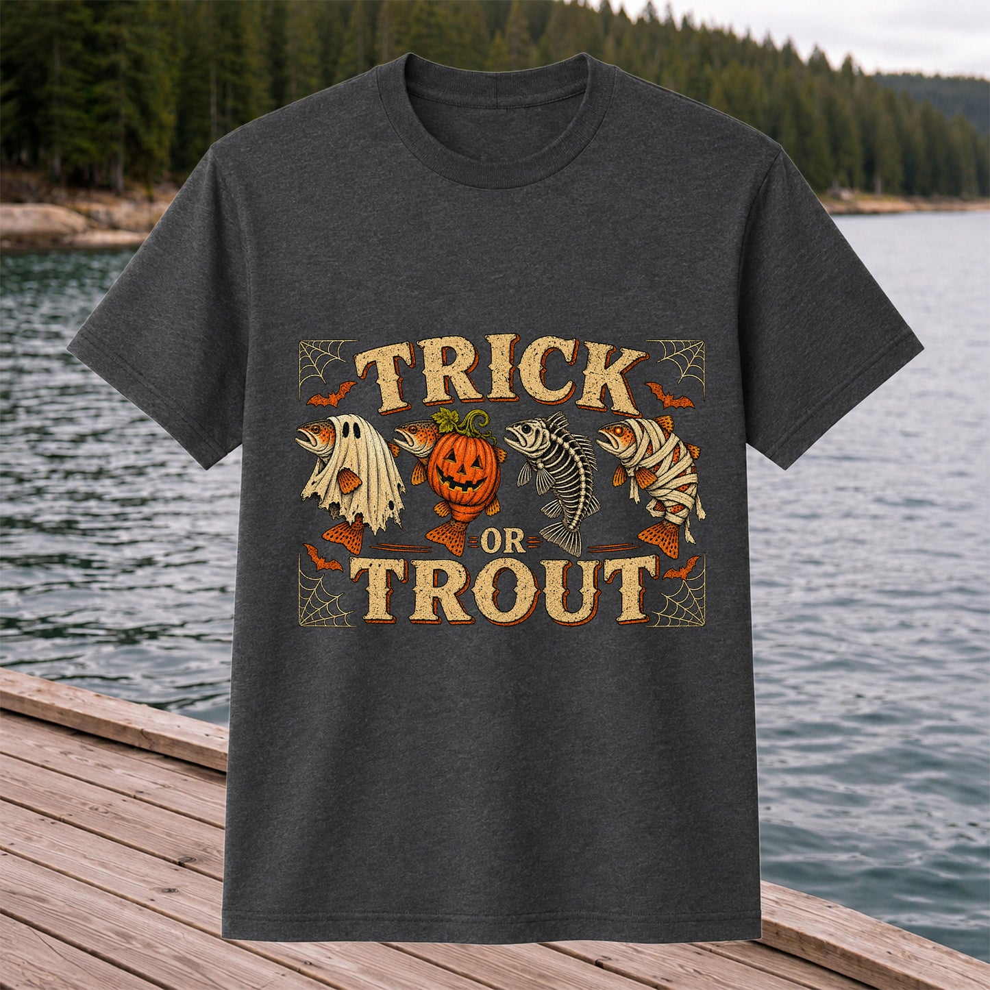 Trick or Trout Halloween Fishing Lineup Graphic T-Shirt