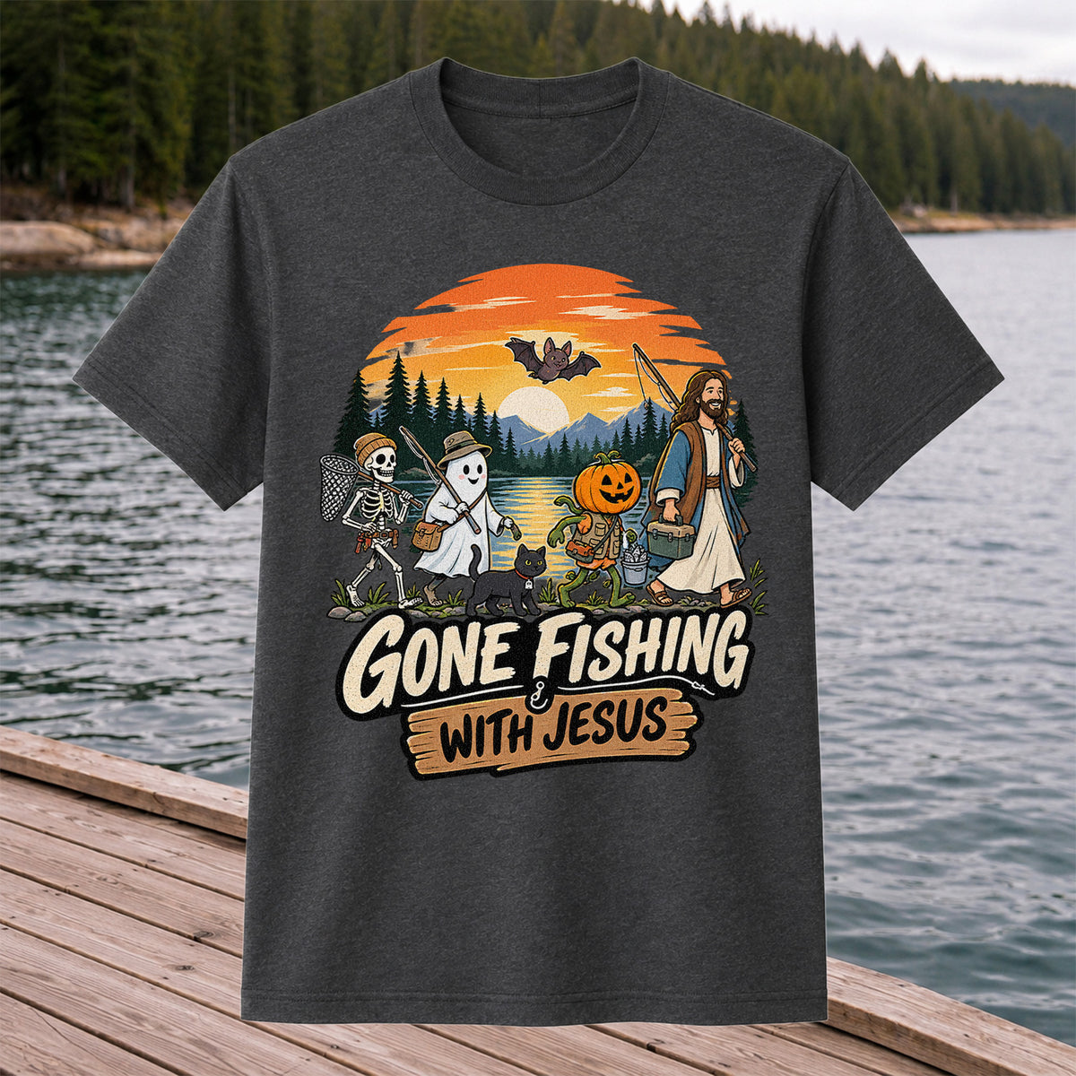 Gone Fishing with Jesus Skeleton Ghost and Pumpkin Halloween Fishing T-Shirt