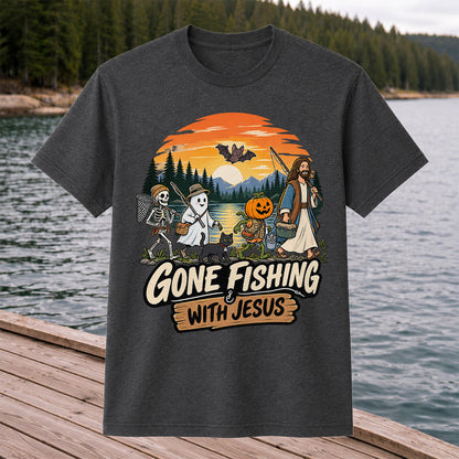 Gone Fishing with Jesus Skeleton Ghost and Pumpkin Halloween Fishing T-Shirt