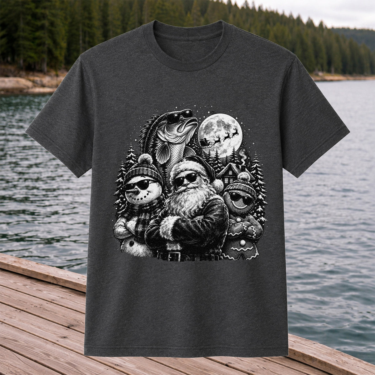 Santa Snowman Gingerbread and Bass Christmas Fishing T-Shirt