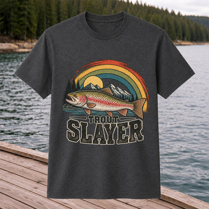 Trout Slayer Rainbow Trout Mountain Fishing Graphic T-Shirt