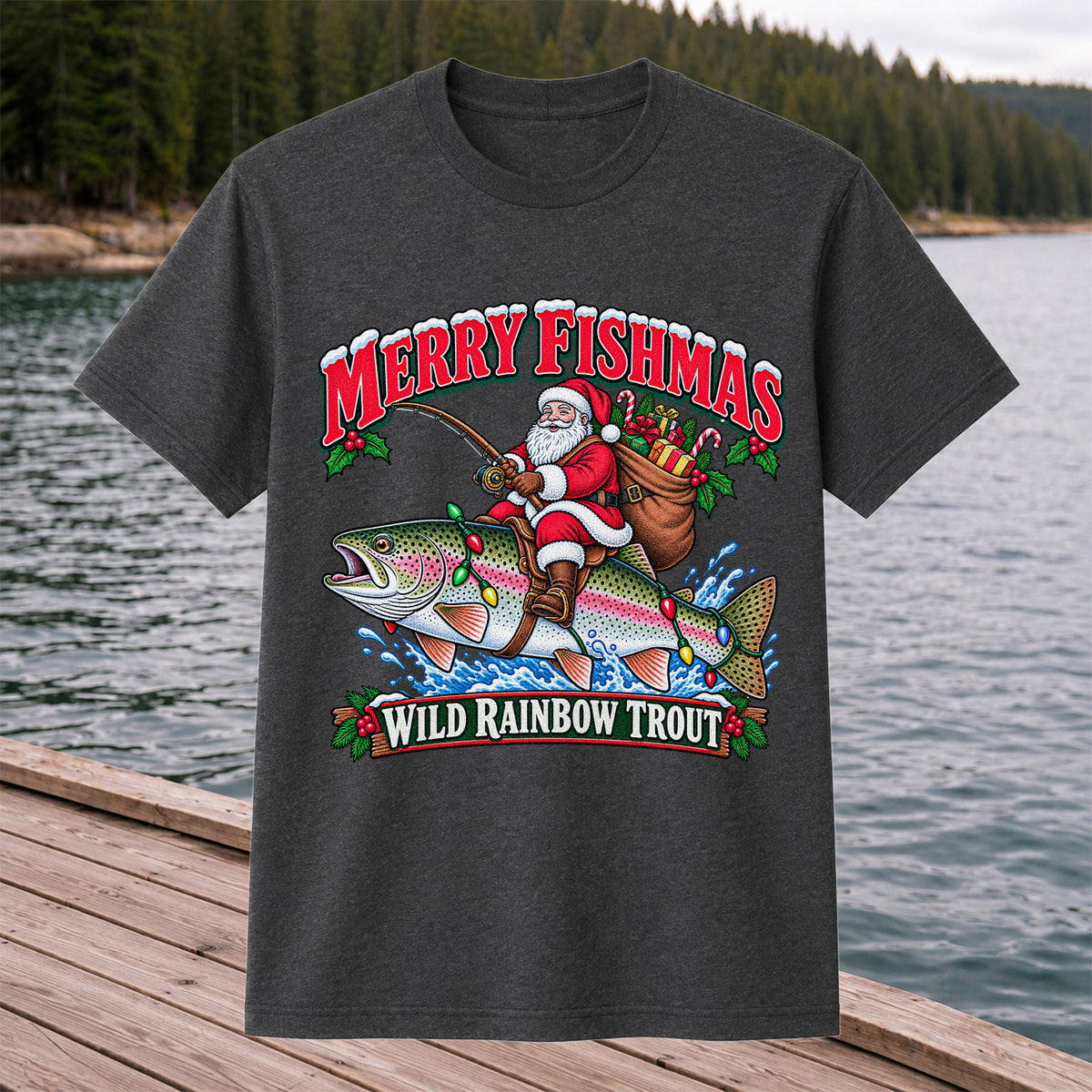 Merry Fishmas Santa Riding a Wild Rainbow Trout Christmas Fishing T-Shirt