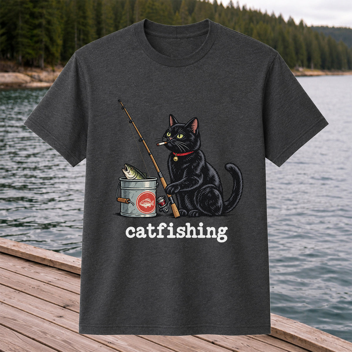 Catfishing Funny Black Cat with Fishing Rod Graphic T-Shirt