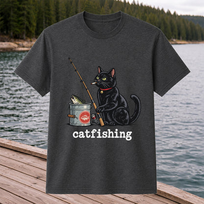 Catfishing Funny Black Cat with Fishing Rod Graphic T-Shirt