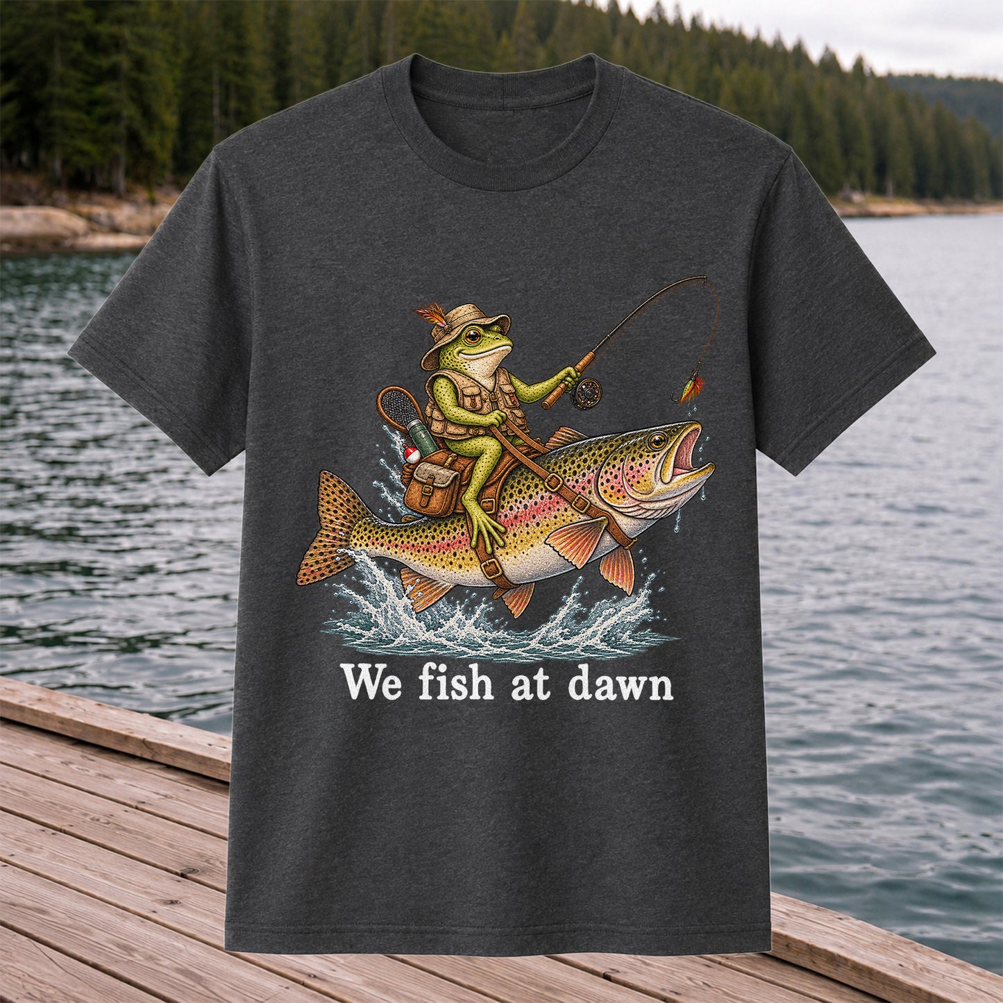 We Fish at Dawn Frog Riding a Rainbow Trout Funny Fishing T-Shirt