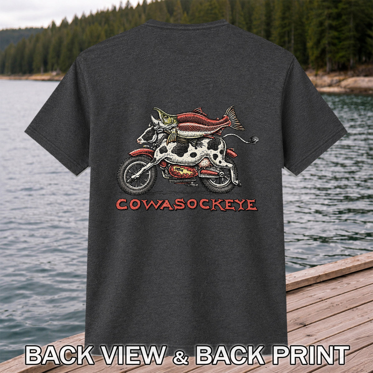Cowasockeye Trout Motorcycle Funny Fishing Graphic T-Shirt | Back Print
