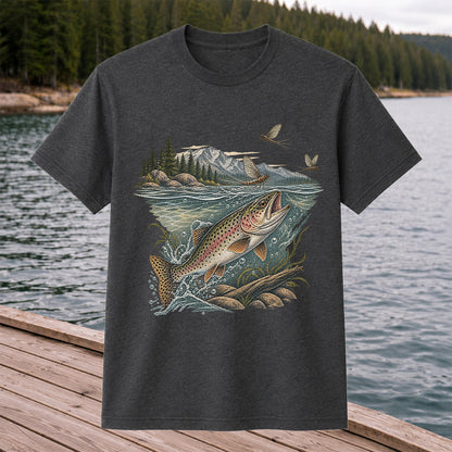 Mountain River Rainbow Trout Fly Fishing Graphic T-Shirt