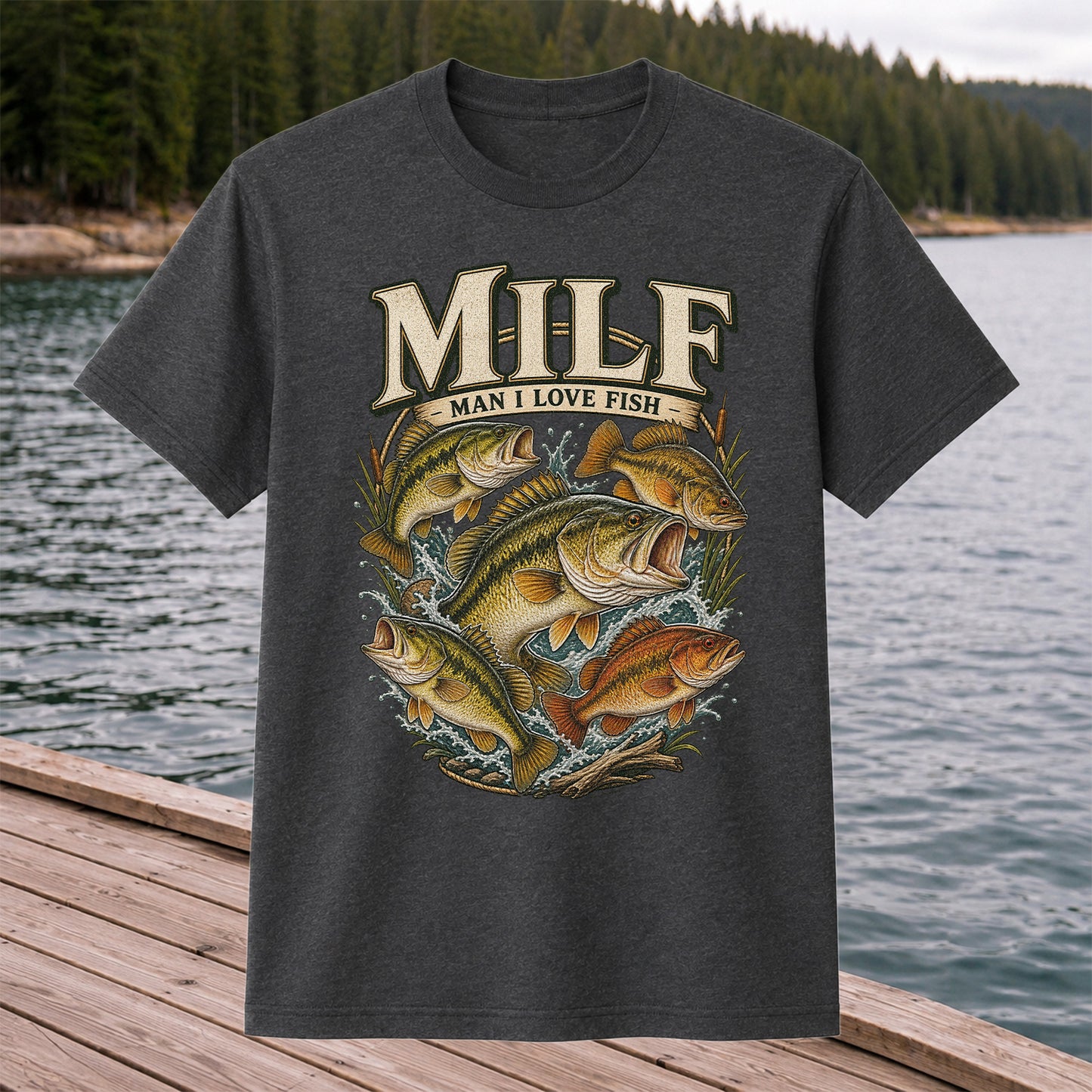 MiLF Man I Love Fish Jumping Bass Fishing Graphic T-Shirt