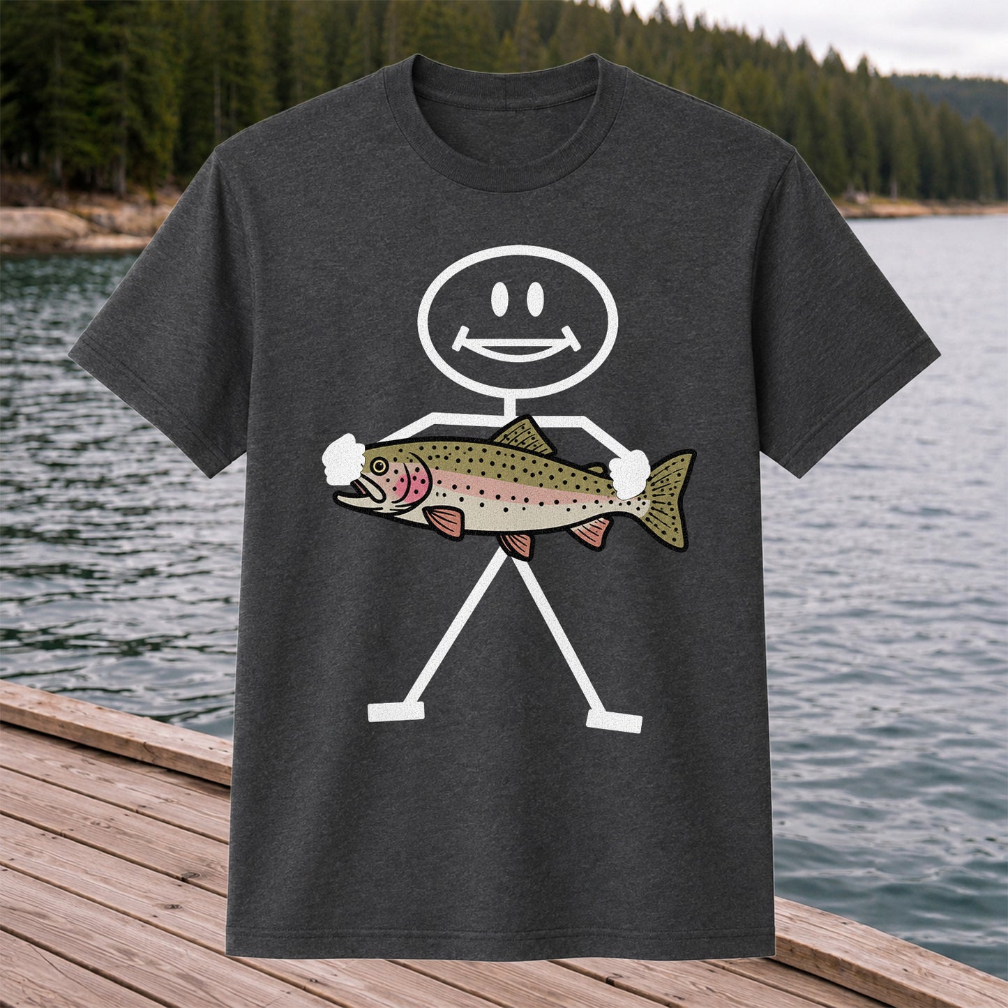 Stick Figure Holding a Rainbow Trout Fishing T-Shirt