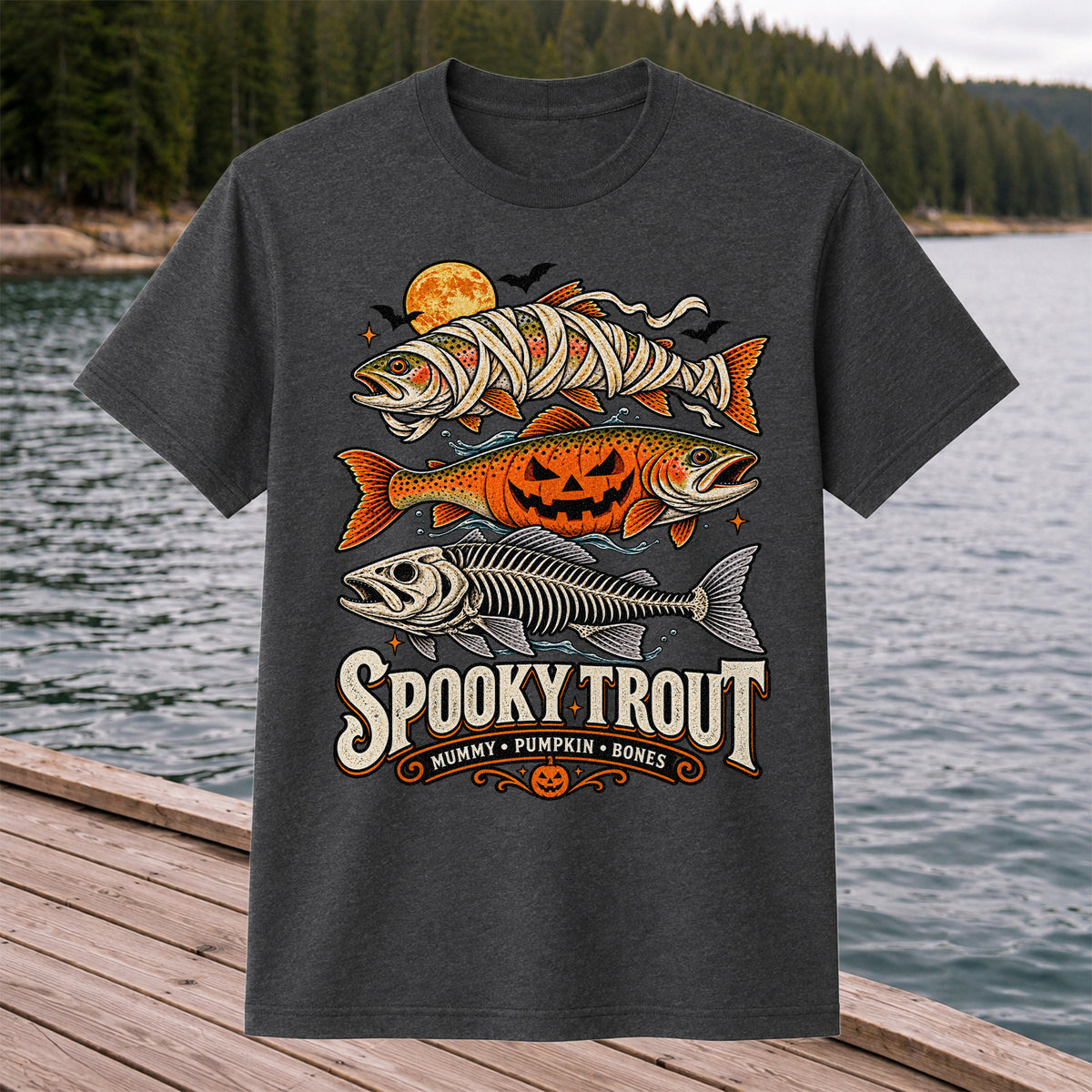 Spooky Trout Mummy Pumpkin Bones Halloween Fishing T-Shirt