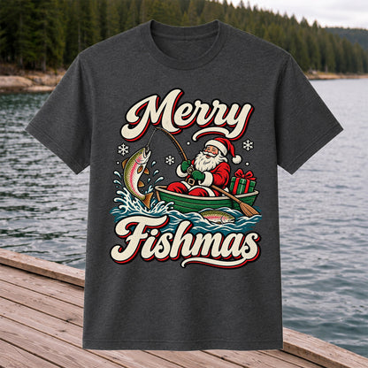 Merry Fishmas Santa Catching Rainbow Trout in a Boat Fishing T-Shirt