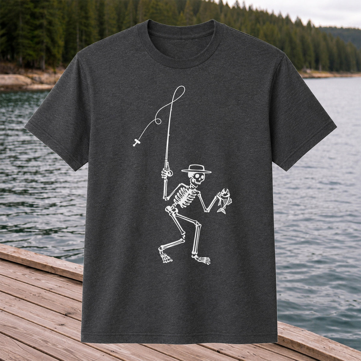 Skeleton Angler Holding a Fish Line Art Fishing T-Shirt