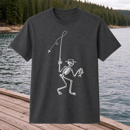 Skeleton Angler Holding a Fish Line Art Fishing T-Shirt
