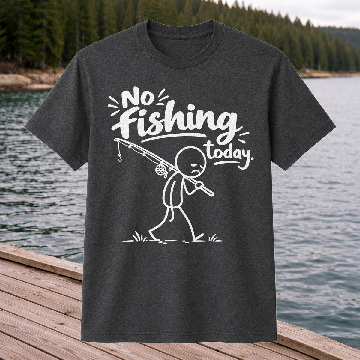 No Fishing Today Sad Stick Figure Angler Funny Graphic T-Shirt