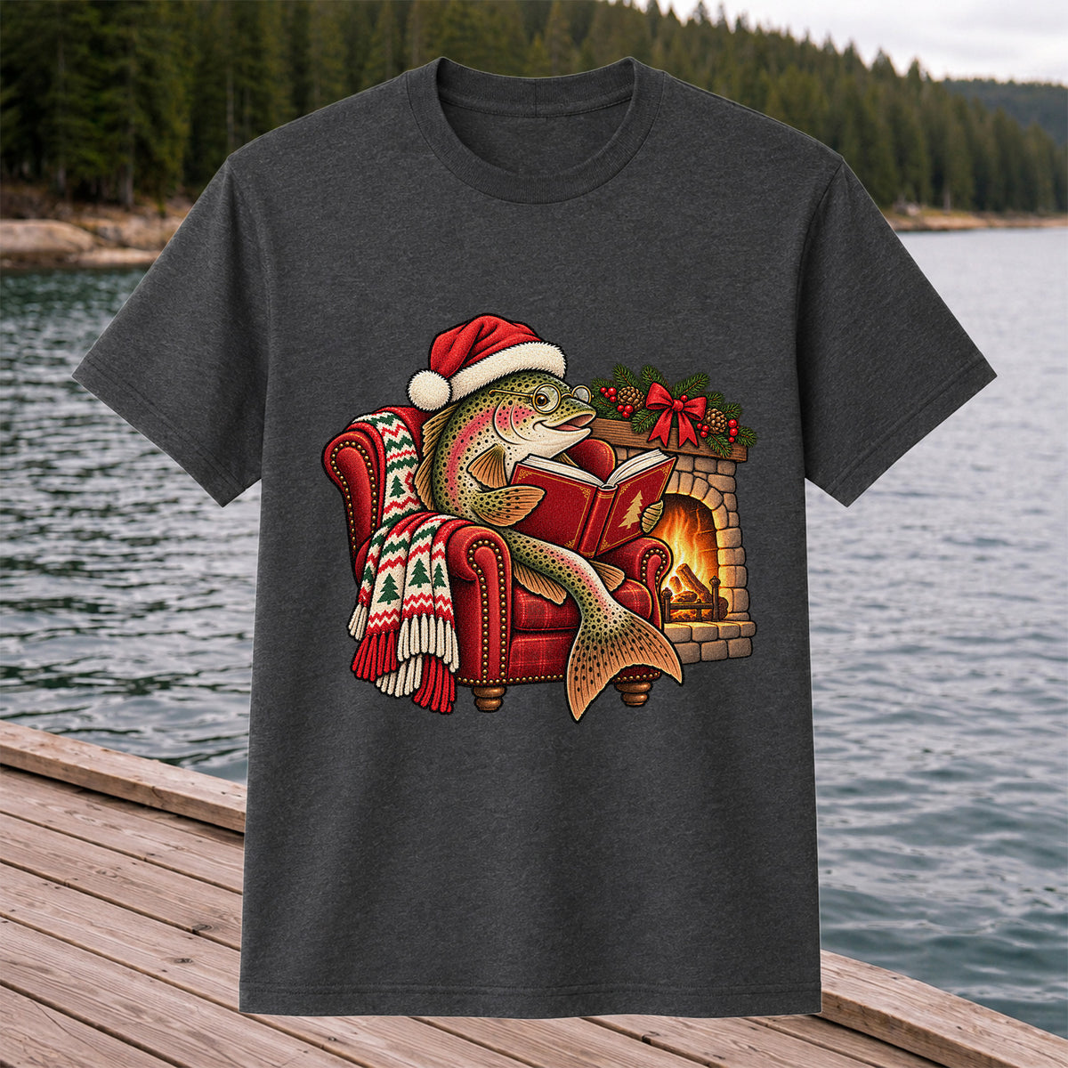 Christmas Trout Reading by the Fireplace Fishing T-Shirt
