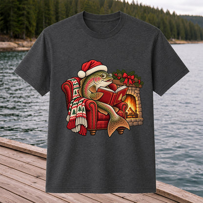 Christmas Trout Reading by the Fireplace Fishing T-Shirt
