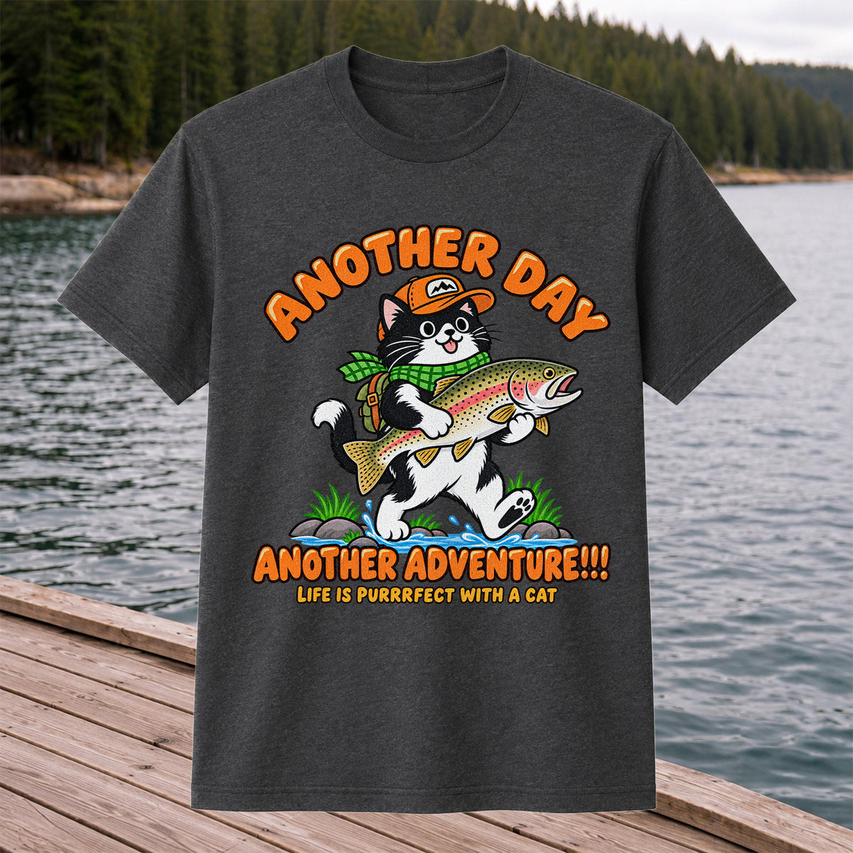 Another Day Another Adventure Cat and Trout Fishing Graphic T-Shirt