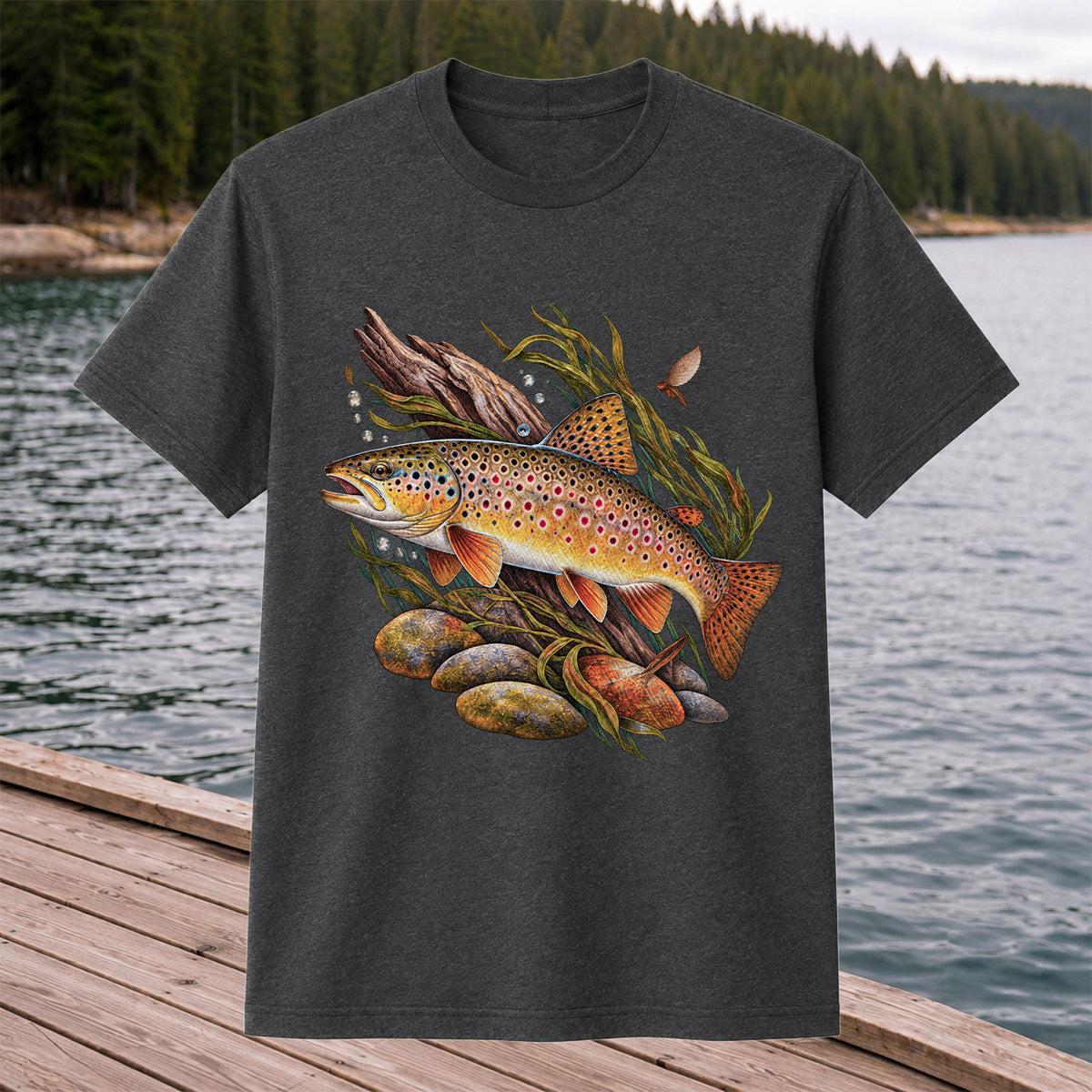 Vintage Brown Trout River Fishing Graphic T-Shirt