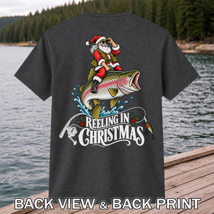 Reeling in Christmas Santa Rainbow Trout Fishing T-Shirt | Back Print