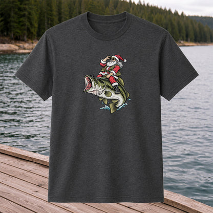 Santa Riding Largemouth Bass Christmas Fishing Graphic T-Shirt