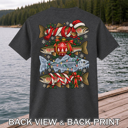 Christmas Rainbow Trout and Fish Skeleton Fishing Graphic T-Shirt | Back Print