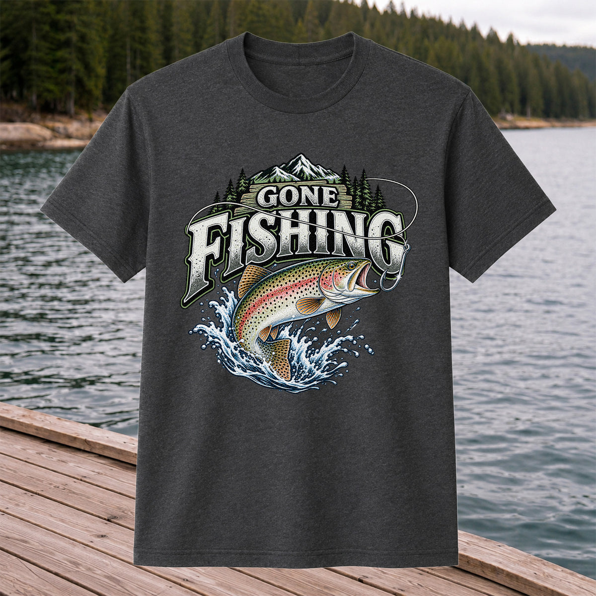 Gone Fishing Rainbow Trout and Mountains Graphic T-Shirt