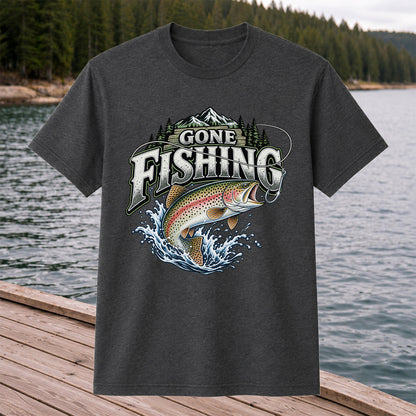 Gone Fishing Rainbow Trout and Mountains Graphic T-Shirt