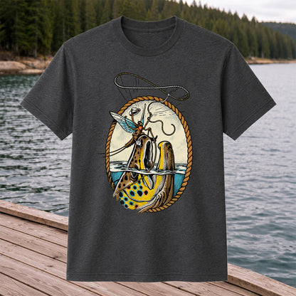 Brown Trout and Winged Fly Angler Vintage Fishing Graphic T-Shirt
