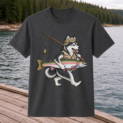 Husky Holding Rainbow Trout Fishing Graphic T-Shirt