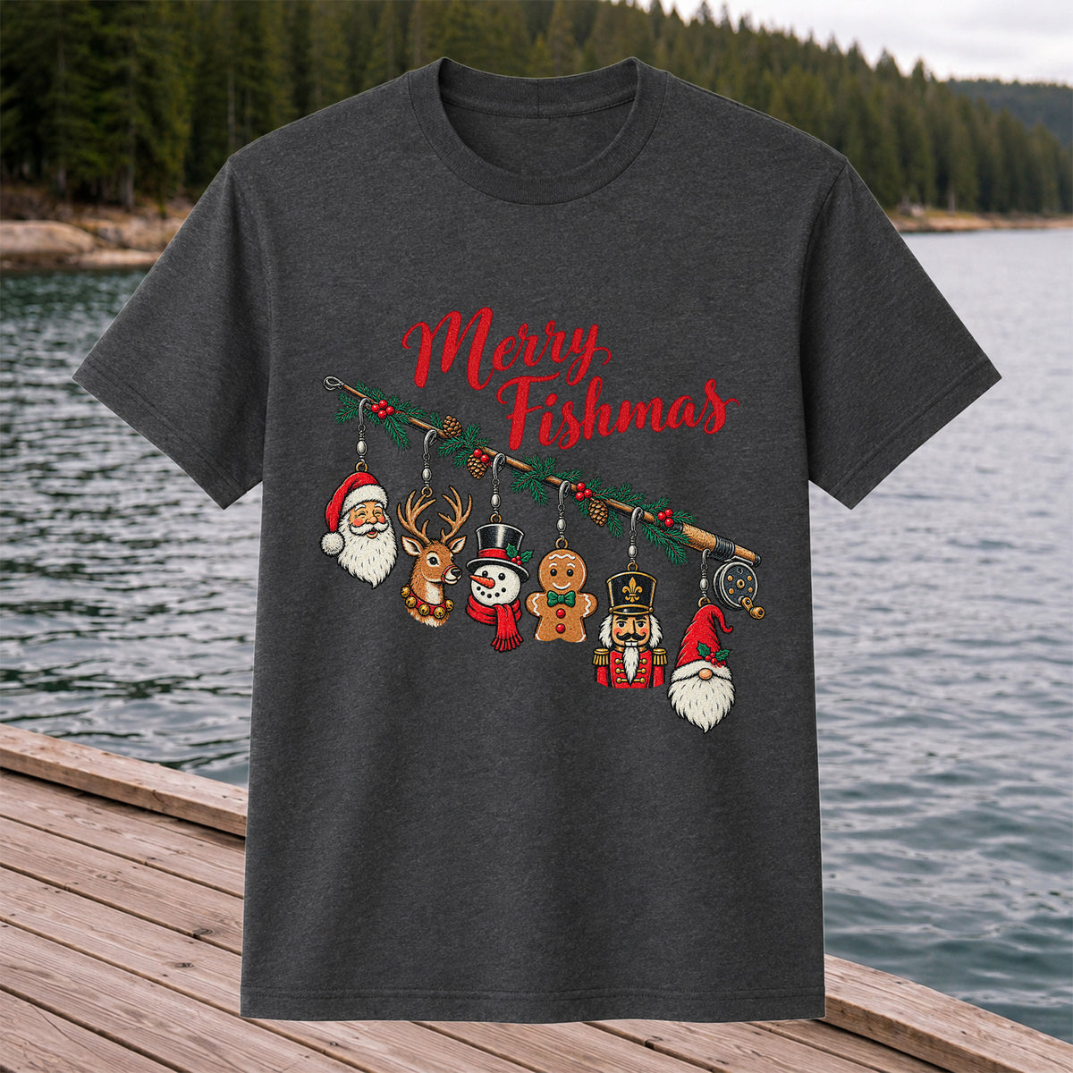 Christmas Fishing Rod Ornaments Holiday Graphic T-Shirt