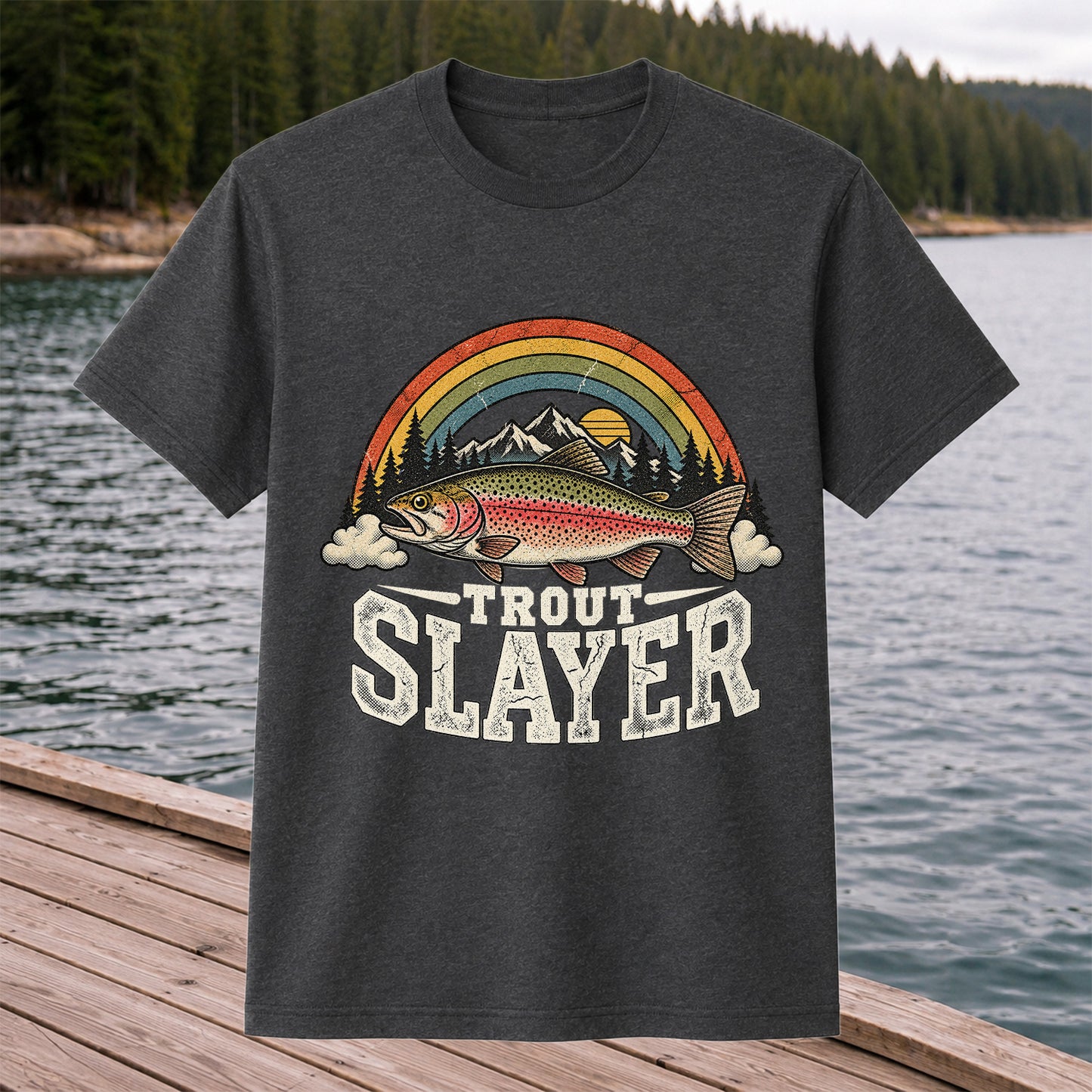 Trout Slayer Rainbow Trout Mountain Sunset Fishing T-Shirt