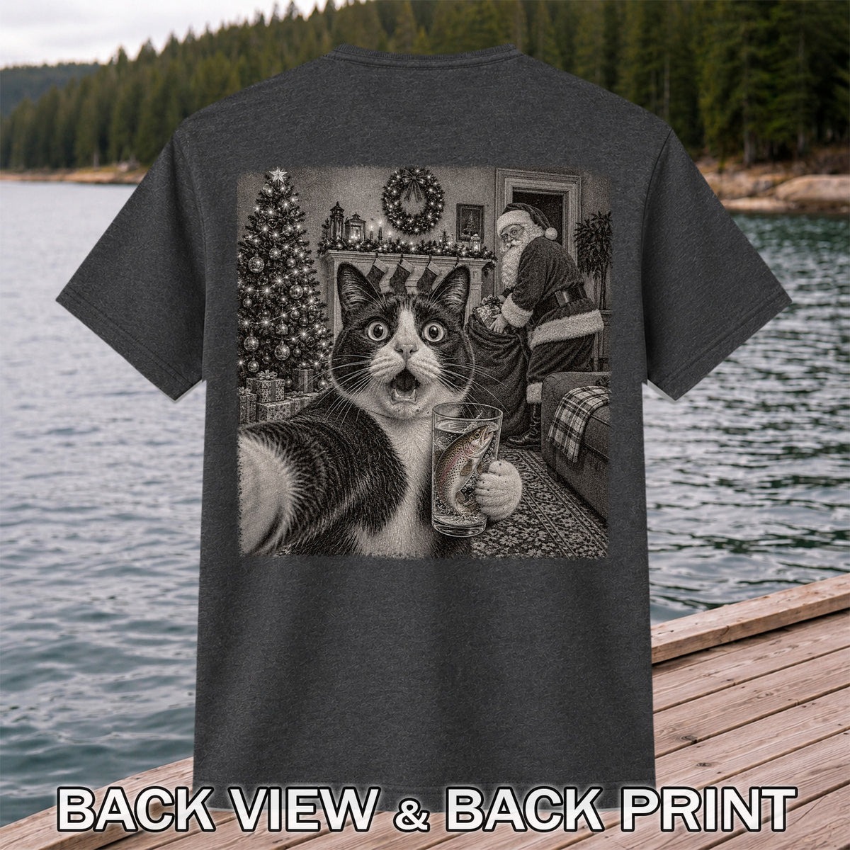 Christmas Cat Holding a Fish Mug Holiday Graphic T-Shirt | Back Print