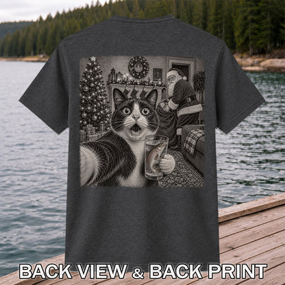Christmas Cat Holding a Fish Mug Holiday Graphic T-Shirt | Back Print