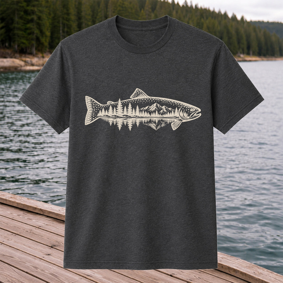 Trout Mountain Forest Reflection Fishing Graphic T-Shirt