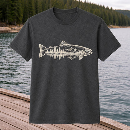 Trout Mountain Forest Reflection Fishing Graphic T-Shirt